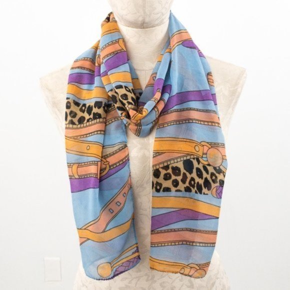 Vintage Accessories - Vintage Scarf 80s 90s OS Silk Chiffon Fashion Graphic Print Blue